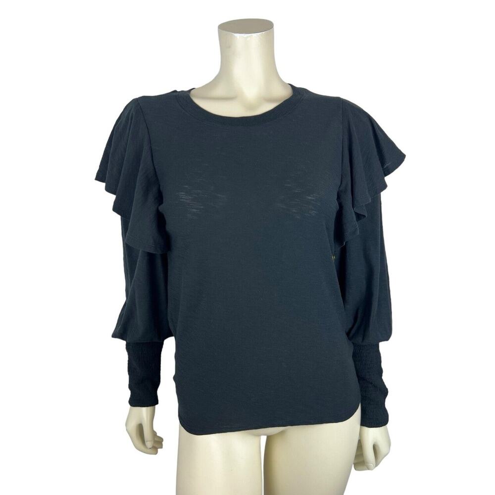 NEW Nation LTD Black Ruffle Shoulder Shirt Size S Cuffed Long Sleeve Tee Small